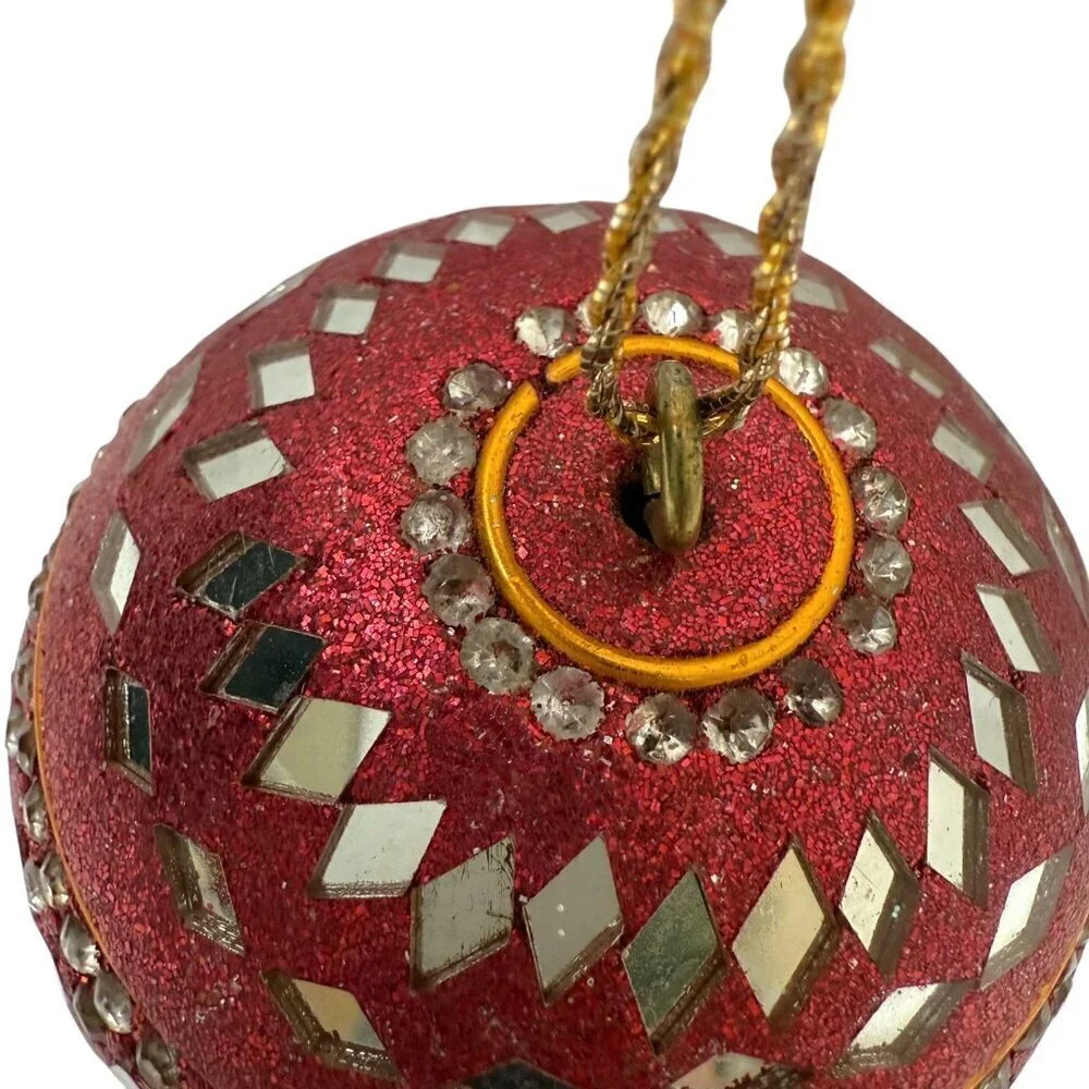 Vintage Indian Beaded Mirror Ball Christmas Ornament Boho Hippie Red Blue Gold